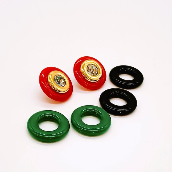 Vintage KJL for Avon Interchangeable Earrings Gold Tone Red Green Black Stud - Picture 1 of 6